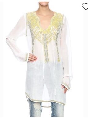 Biya Johnny Was White Embroidered Linen & Silk Long Sleeve Tunic Top Sz. XS